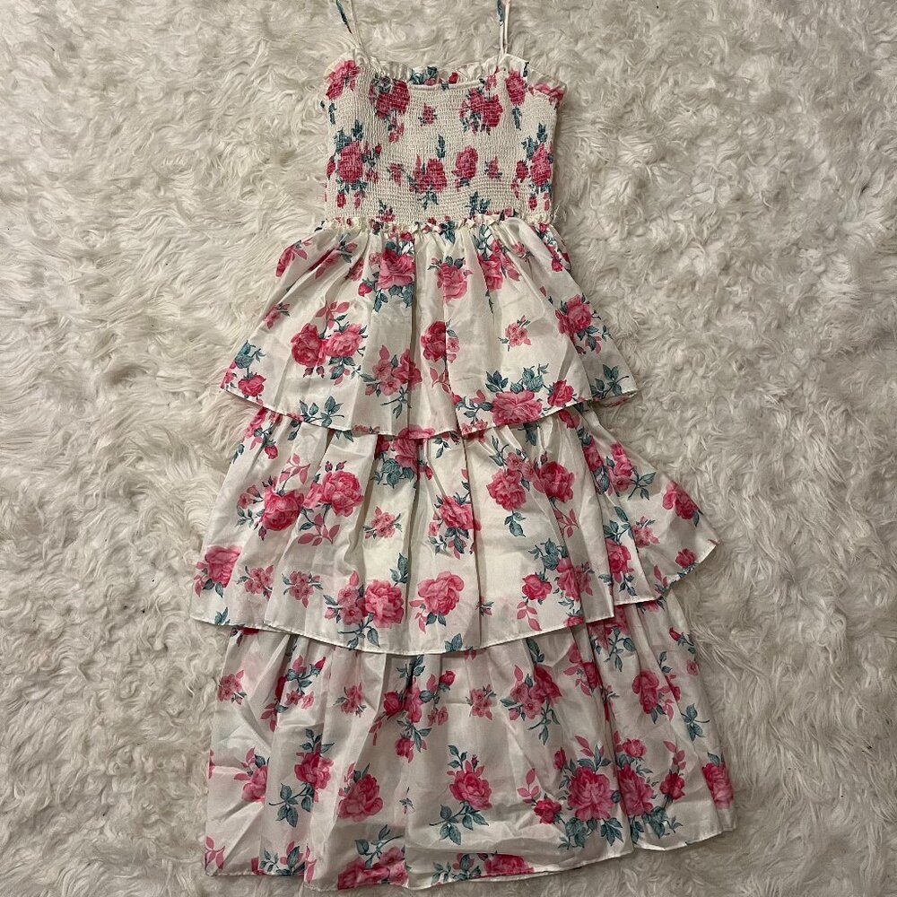LoveShackFancy Midi Floral Tiered Dress XXS White Pink